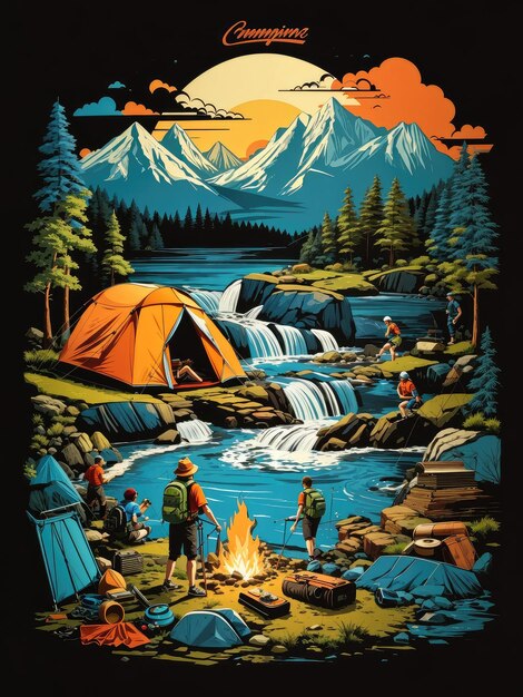 Foto illustratie van een schilderachtig kampeerterrein met prachtige bergen en een rustige rivier