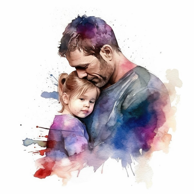 Illustratie van een schilderij van een vader en zoon met kleurrijke aquarellen met uitdrukkingen