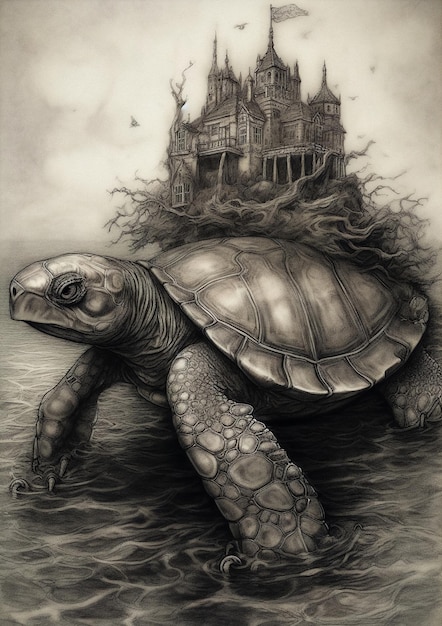 Illustratie van een schildpad in een fictief landschap voor frame Wild animal concept art