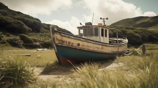 Illustratie van een schip op het land