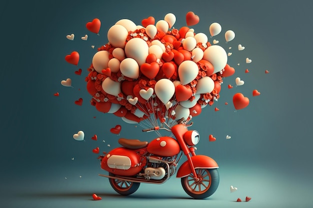Illustratie van een scooter die bloemen en ballonnen levert voor de AI-generatie van Valentijnsdag