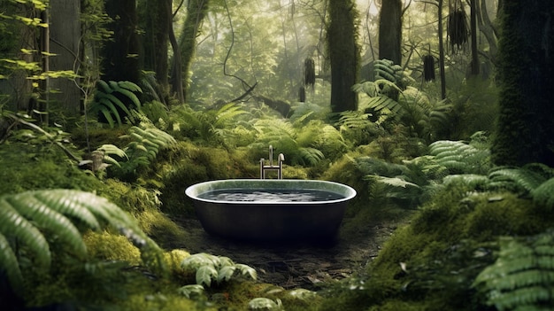 Illustratie van een serene badkuip omringd door de natuur in een weelderig groen bos