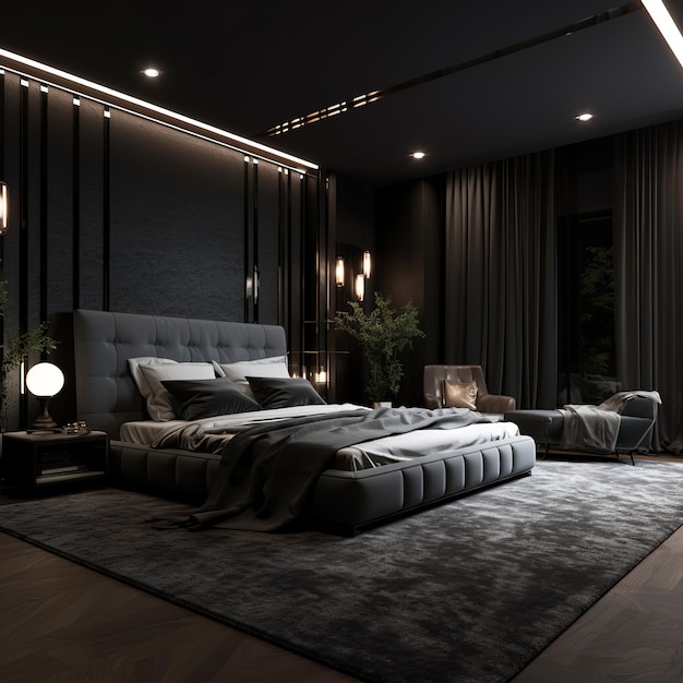 illustratie van een slaapkamer met donkerzwart als hoofdkleur lux