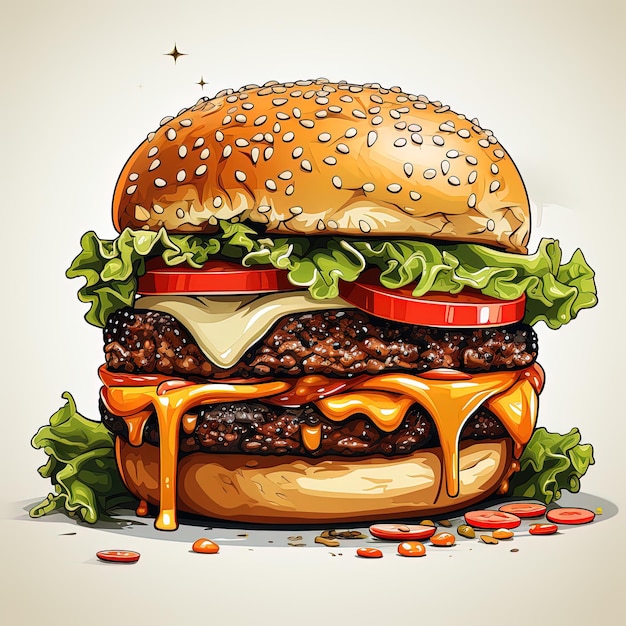 Illustratie van een smakelijke hamburger met tomatensla, ei, bacon en kaas Generatieve AI
