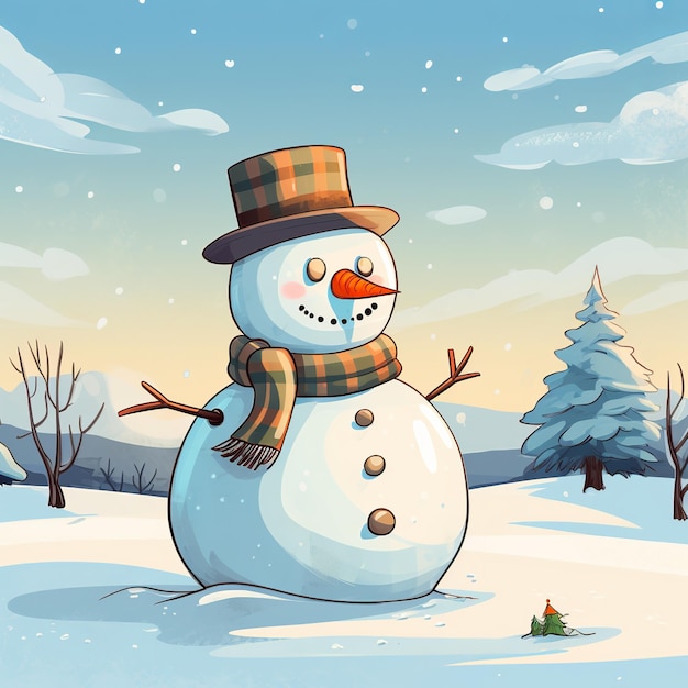 illustratie van een sneeuwpop met een besneeuwde achtergrond in cartoonstijl