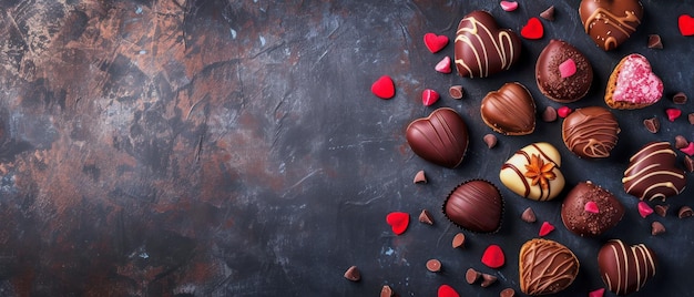 Foto illustratie van een spandoek met geglazuurde hartvormige chocolade en kleine hartjes op roze achtergrond met