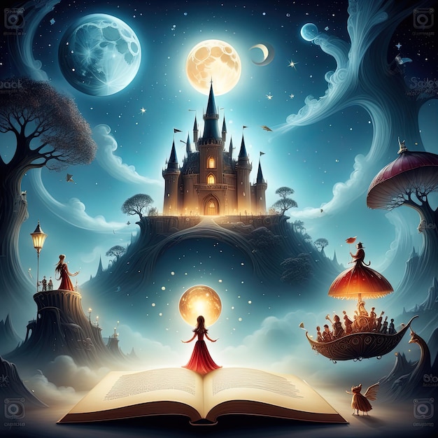 illustratie van een sprookje met een kasteel sprookje scène boek en kasteel illustratie
