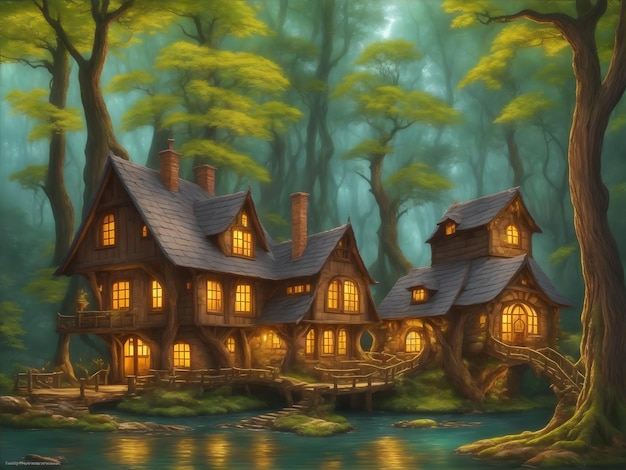 Illustratie van een sprookjesachtig houten huis in het bos gemaakt met generatieve AI-technologie