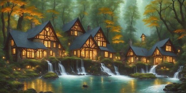 Illustratie van een sprookjesachtig houten huis in het bos gemaakt met generatieve AI-technologie