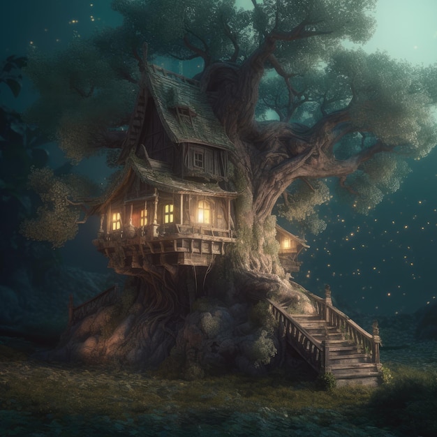 Illustratie van een sprookjeshuis in het bos Digitaal schilderen