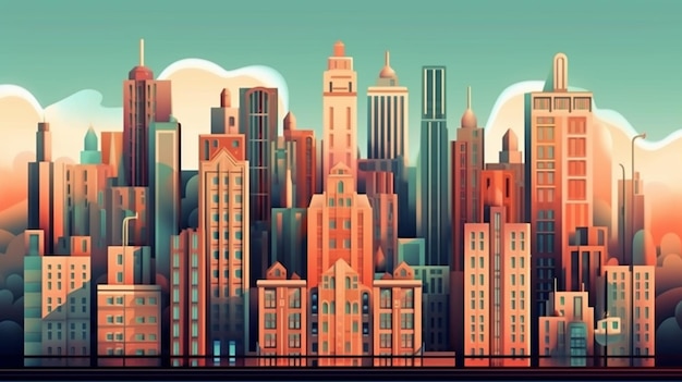 Illustratie van een stad met wolkenkrabbers en een brug op de voorgrond generatieve ai
