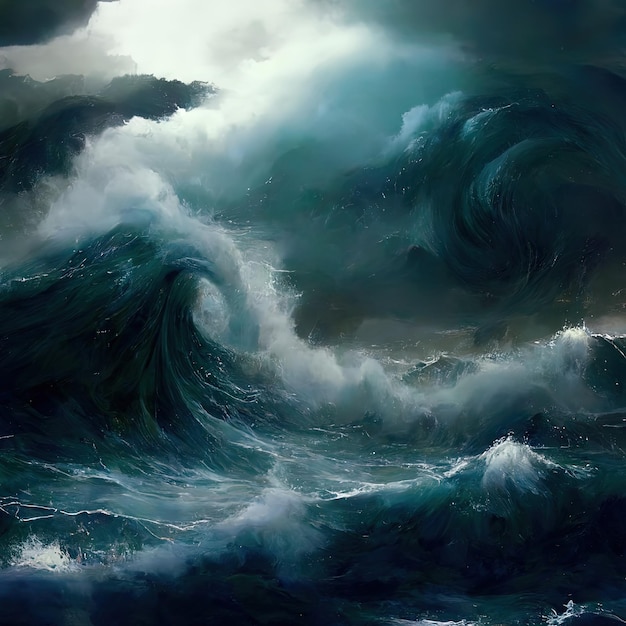 Illustratie van een storm in het midden van de oceaan met enorme golven en grijze lucht Generatieve AI generatieve AI