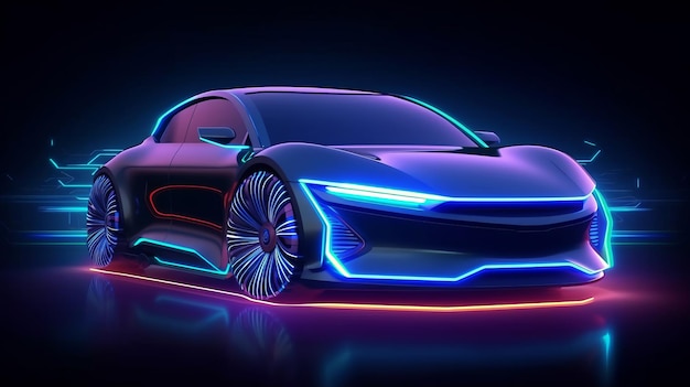 Illustratie van een strakke en futuristische auto verlicht door levendige neonlichten