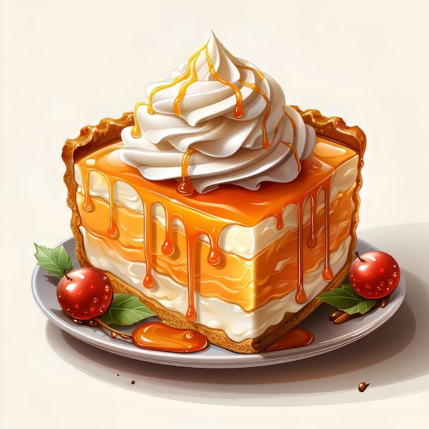 Foto illustratie van een stuk taart met karamelsaus op een bord