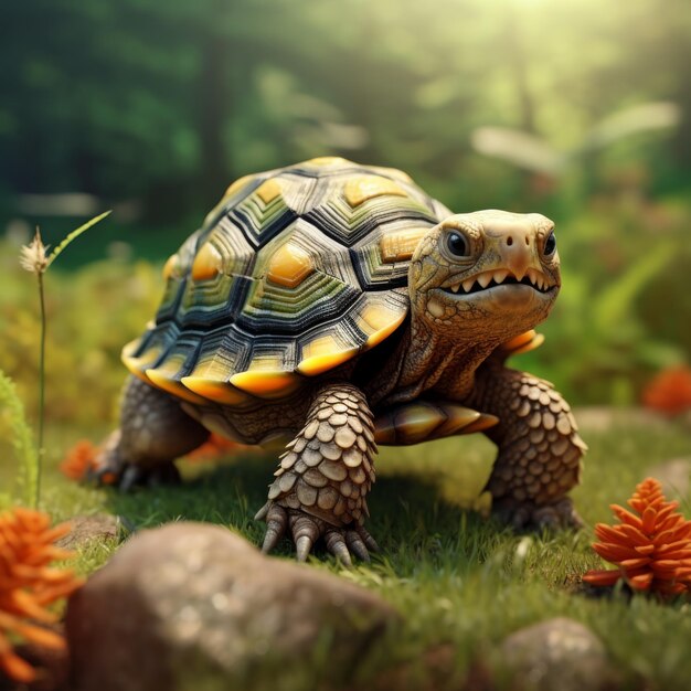 Illustratie van een tekenfilm baby schildpad in de natuur kruipen in het gras over een helderheid 3D rendering