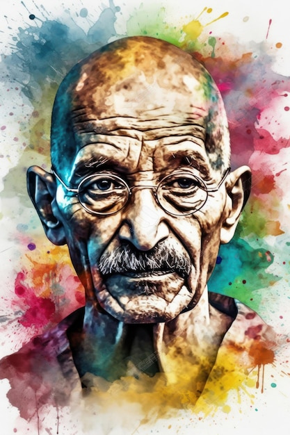 Illustratie van een tekening van Mahatma Gandhi, leunend op een stok