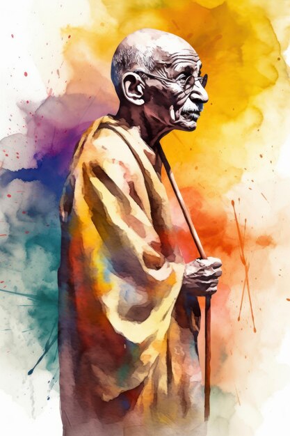 Illustratie van een tekening van Mahatma Gandhi, leunend op een stok