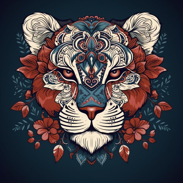 illustratie van een tijgerkop met ingewikkelde ontwerpen van decoratieve bloemen