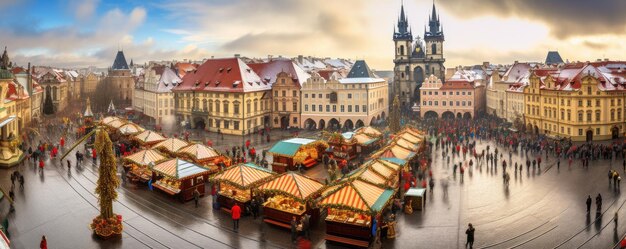 Illustratie van een traditionele kerstmarkt in de stad Praag.