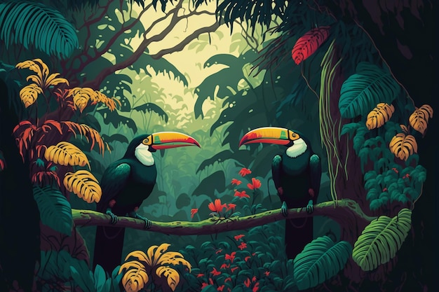 Illustratie van een tropisch regenwoud met toekans