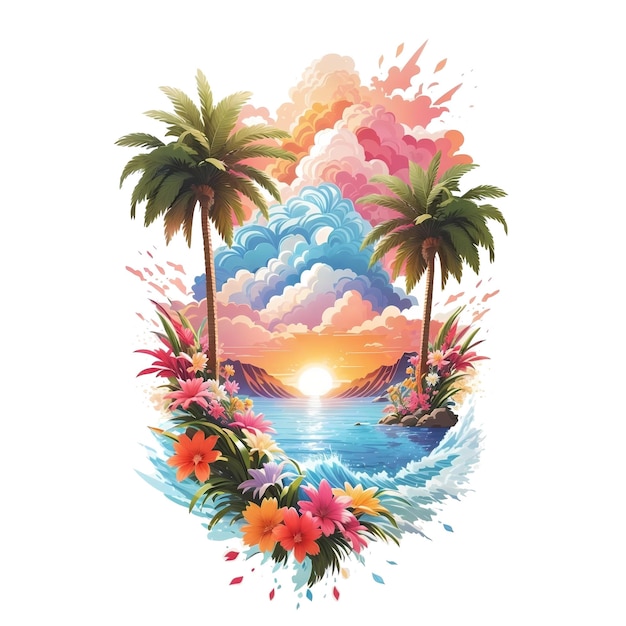 Illustratie van een tropische zonsondergang en palmbomen op een klein paradijselijk vakantie-eiland Art for t shirt print AI Generative