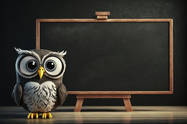 Illustratie van een uil staat op Blank Blackboard AI-generatie