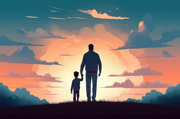 Illustratie van een vader die naast zijn zoon staat, hand in hand voor de zonsondergang Vaderdag viering afbeelding