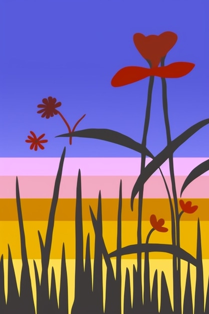 Illustratie van een veld met bloemen en gras met een hemelachtergrond generatieve ai