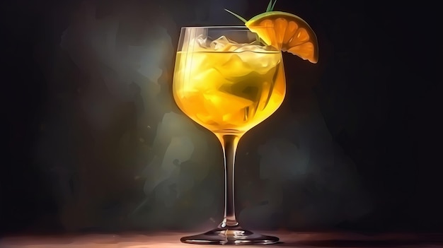 Illustratie van een verfrissende gele cocktail met ijs en een schijfje citroen