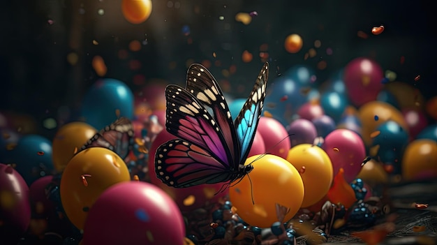 Illustratie van een vlinder die op een kleurrijke ballon zit.