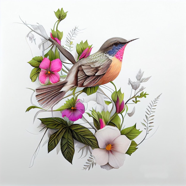 Illustratie van een vogel met bloemen. mooie kleurenvogel op flora. Bladeren, takjes en bloemen op aw