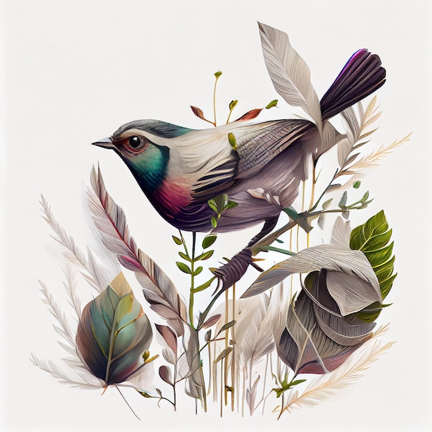 Illustratie van een vogel met bloemen. mooie kleurenvogel op flora. Bladeren, takjes en bloemen op aw