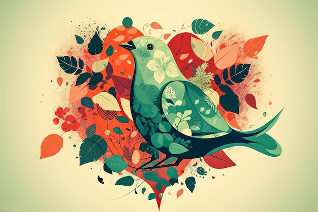 Illustratie van een vogel op de achtergrond van herfstbladeren en bloemen Generatieve AI