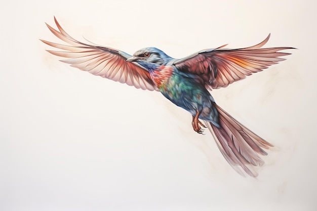 illustratie van een vogel tijdens de vlucht getekend met kleurpotlood Side Generative ai