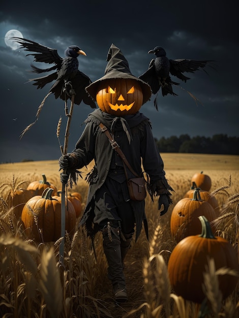 Illustratie van een vogelverschrikker en jacko'lantern in een pittoresk tarweveld