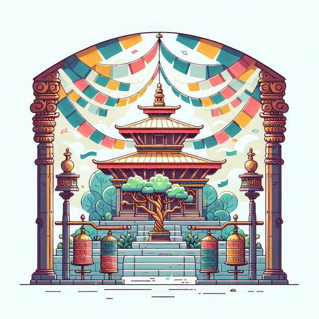 illustratie van een vreedzame binnenplaats in een Nepalese tempel met een Bodhi-boom met fladderende