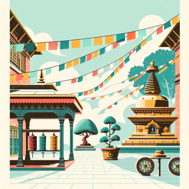 Foto illustratie van een vreedzame binnenplaats in een nepalese tempel met een bodhi-boom met fladderende