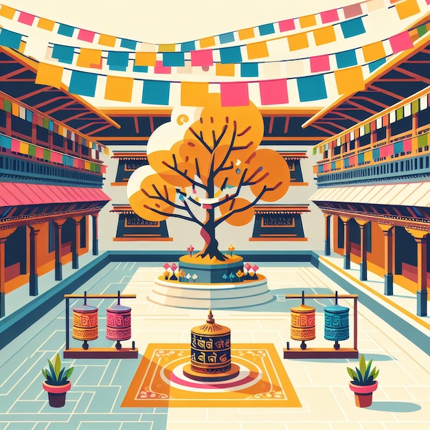 illustratie van een vreedzame binnenplaats in een Nepalese tempel met een Bodhi-boom met fladderende