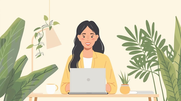 Illustratie van een vrouw die aan een laptop werkt, omringd door kamerplanten die een gezellige en productieve werkruimte met groen en natuurlijke elementen weergeven