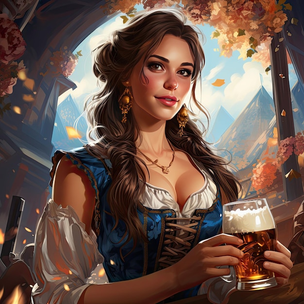 Illustratie van een vrouw die bier vasthoudt tijdens de viering van het Oktoberfest
