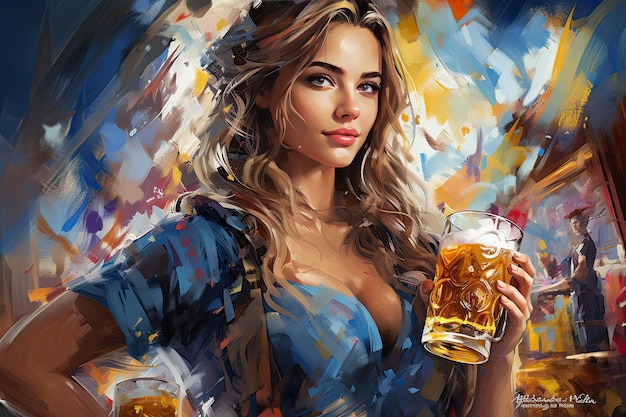 Illustratie van een vrouw die bier vasthoudt tijdens de viering van het Oktoberfest