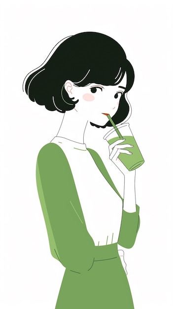 Illustratie van een vrouw die een drankje drinkt met een rietje in haar hand generatieve ai