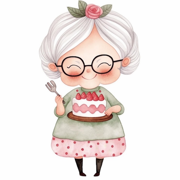 illustratie van een vrouw die een taart vasthoudt met een vork en mes generatieve ai