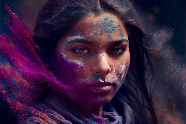 Illustratie van een vrouw die Holi viert met poederkleuren of gulal