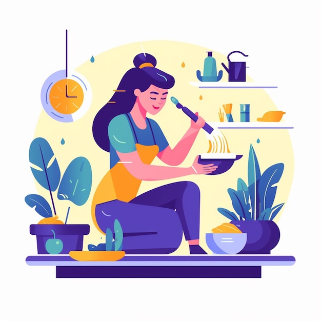 illustratie van een vrouw die kookt in een keuken met een potplant generatieve ai