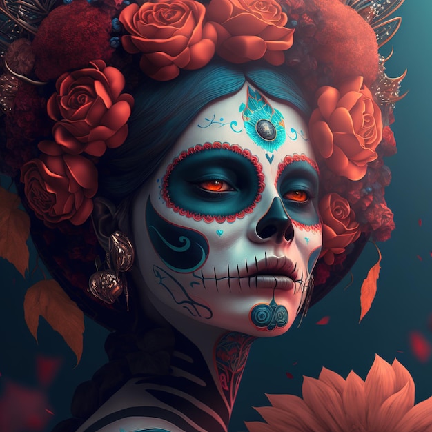 illustratie van een vrouw die make-up draagt en zich kleedt in schedel Day of the Dead of Da de los Muertos