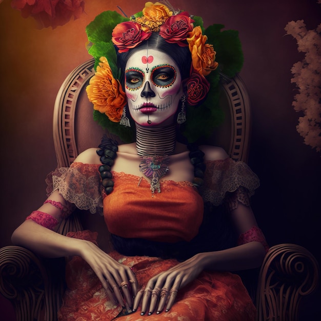 illustratie van een vrouw die make-up draagt en zich kleedt in schedel Day of the Dead of Da de los Muertos