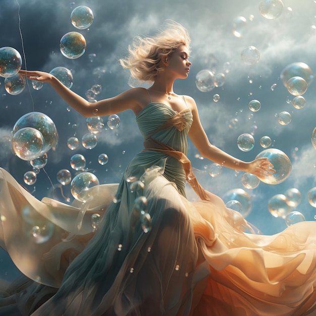 illustratie van een vrouw in een jurk die vliegt door bubbels in de stijl