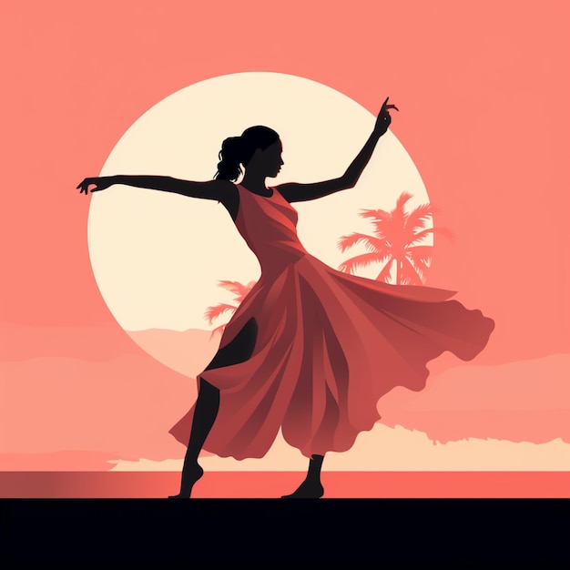 Foto illustratie van een vrouw in een rode jurk die danst op het strand generatieve ai