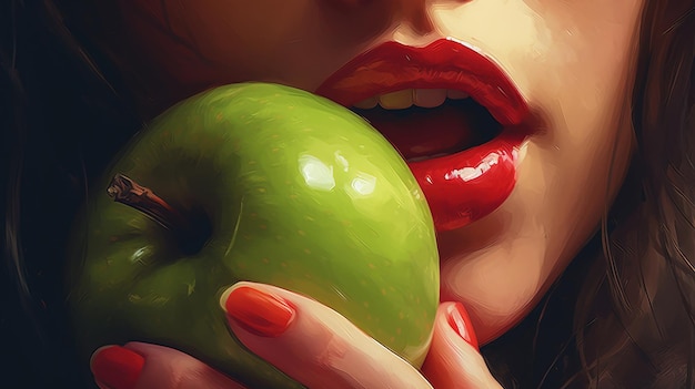 Illustratie van een vrouw met rode lippen die op het punt staat in een groene appel te bijten